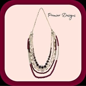 Premier Designs Multi Strand Necklace Red Beads Chain Statement